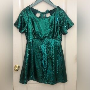 Green‎ Sequin Bow Back Tie Mini Dress short sleeve Medium